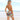 woman wearing colorful 3 piece set crochet cover up bra top and mini skirt on beach back view